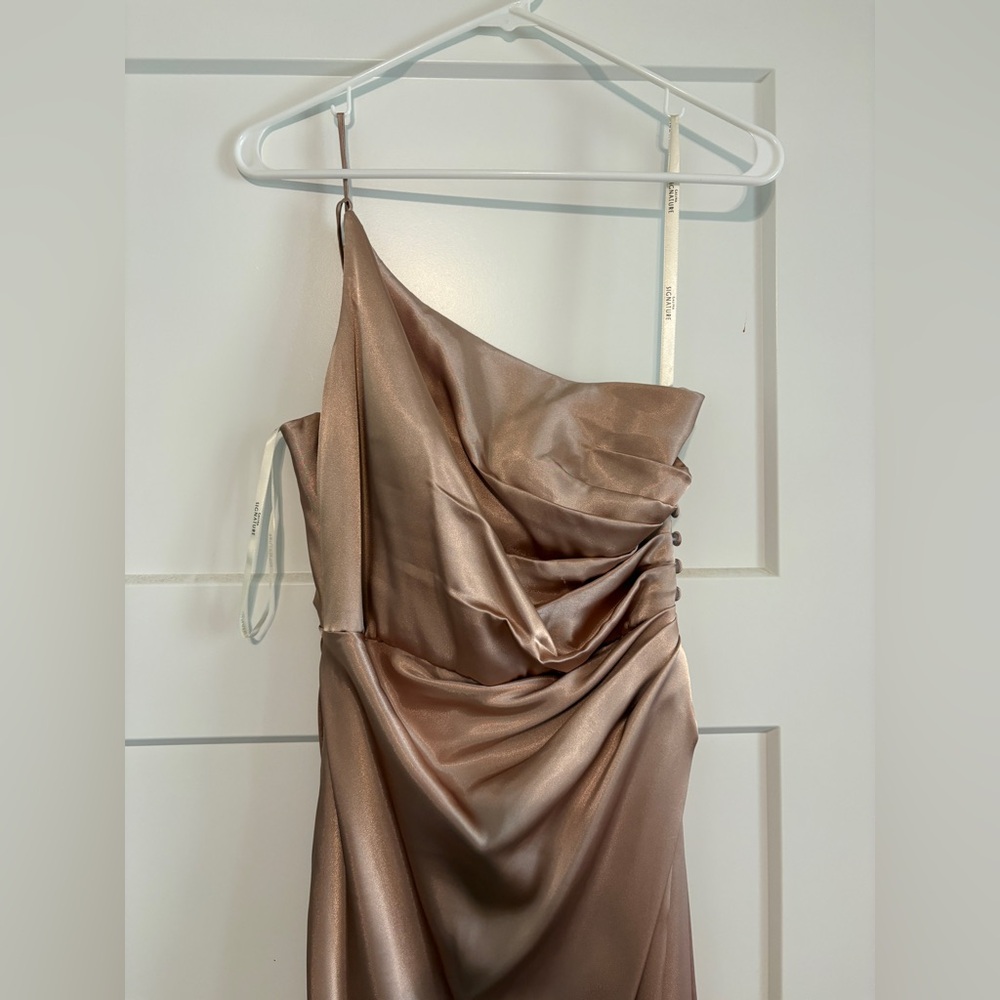 Satin One-Shoulder Ruched Cocktail Dress - Bronze